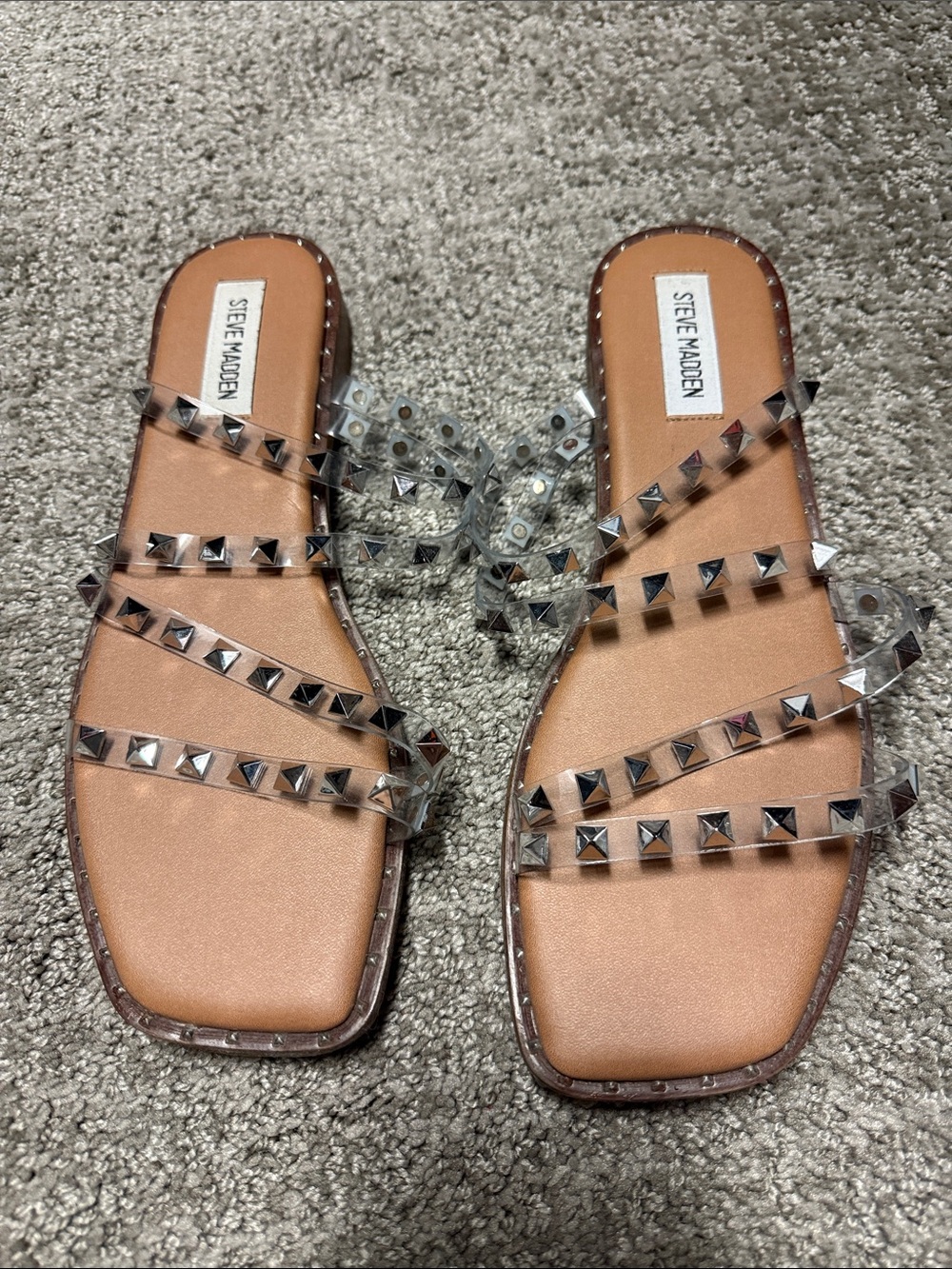 Steve Madden Clear Studded Slide Sandals with Tan Footbed